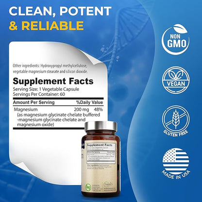Nature's Potent Magnesium Glycinate 200mg, (High Absorption) Vegan Magnesium Glycinate Capsules Supplement for Women & Men - Chelated Magnesium Glycinate for Sleep - Magnesium for Muscle Cramps - 60ct