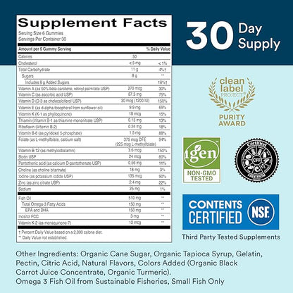 SmartyPants Multivitamin for Men & Women: Multivitamin Gummies with Vitamin D3, C, Vitamin B12, B6, Vitamin A, K & Zinc, Omega 3 Fish Oil (EPA/DHA), Gluten Free, 180 Count (30 Day Supply)