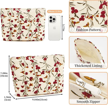 WOZEAH Floral Corduroy Makeup Bag for Purse Small Cosmetic Pouch,Stylish Zipper Make up Pouch Travel Canvas Toiletry Bags(Flower Branches 2)