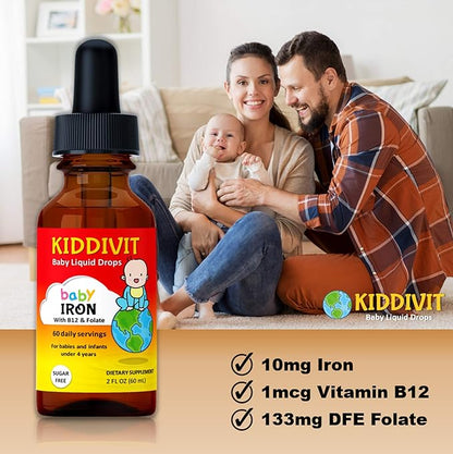 Kiddivit Baby Iron Liquid Drops with Vitamin B12 & Folate - 60 Daily Servings, 2 Fl Oz (60 mL) - Inulin Fortified (Prebiotic, Dietary Fiber) - Sugar Free, Gluten Free, Vegetarian Friendly