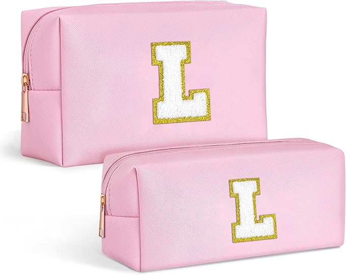 TOPEAST Personalized Initial Letter Patch Makeup Organizer, Travel Essentials Small Cosmetic Bag with Zipper - Birthday Gifts For Women, Pink
