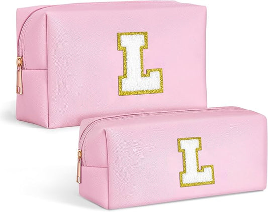 TOPEAST Personalized Initial Letter Patch Makeup Organizer, Travel Essentials Small Cosmetic Bag with Zipper - Birthday Gifts For Women, Pink