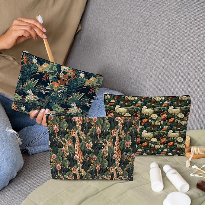 3pcs Cosmetic Bags for Women Makeup Bag, Bachelorette Party Favors Christmas Birthday Friendship Gifts for Women Girls Bestie Travel Toiletry Bag Skin Care Bag, Vintage Forest Giraffe Sheep Tiger