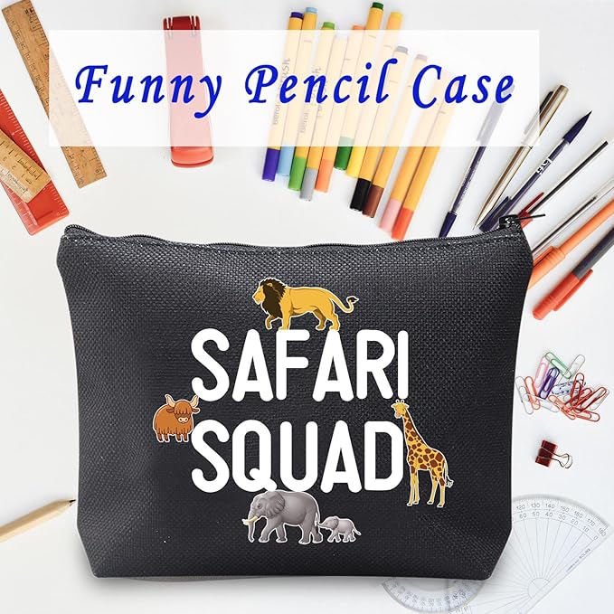 LEVLO Safari Squad Makeup Bag African Safari Trip Wild Animal Lover Travel Zipper Pouch (Safari Squad+black)