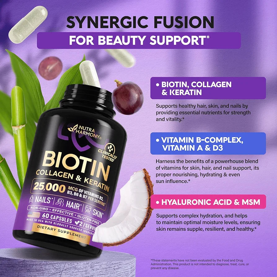 NUTRAHARMONY Biotin | Collagen | Keratin - Clinically Tested Supplement - Hair Growth Support, Skin & Nails - 25000 mcg Vitamins B2, B3, B6 & B7 + B1 & Hyaluronic Acid - Made in USA - Women & Men | 60 Capsules