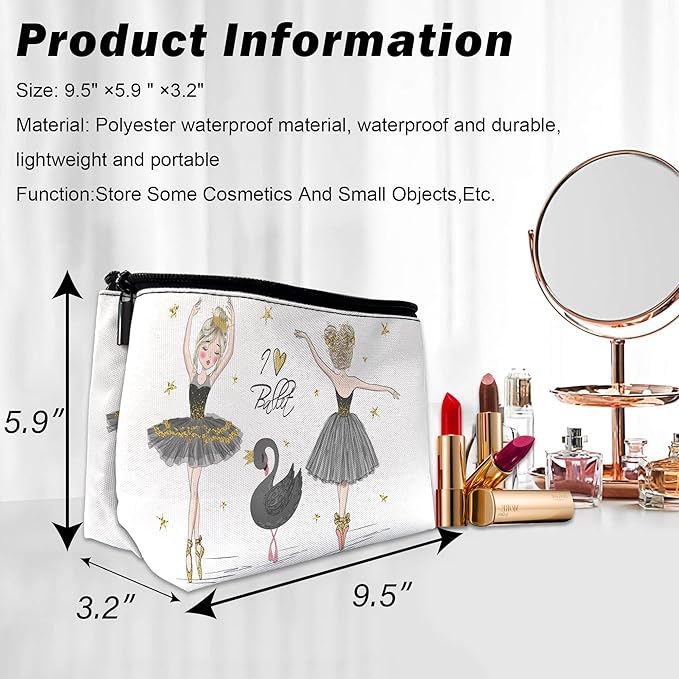 Cute Makeup Bag for Purse, Ballerina with Black Swan Cosmetic Bag for Women, Travel Toiletry Funny Zipper Pouch Gift 9.5×5.9 Inch