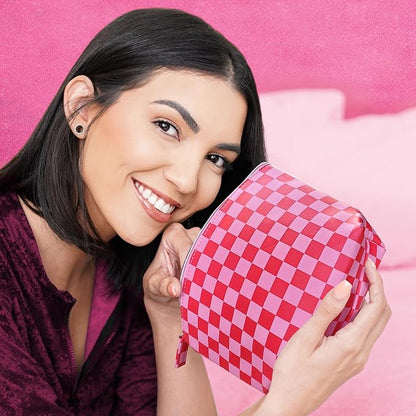 Vegan Leather Checkered Makeup Bag - Cute Girly Pink Cosmetic Bag Zipper Pouch Travel Toiletry Make Up Bag Accessories - Checker Gift for Best Friends Girls Women Mom Sister Christmas Gifts Stuff