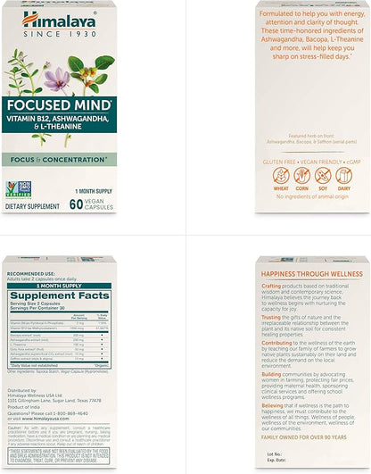 Himalaya Focused Mind with Ashwagandha, Bacopa & L-Theanine for Focus, Energy and Attention, 60 Capsules, 1 Month Supply, Vegan, Gluten Free