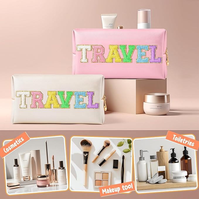 CY2SIDE TRAVEL Letter Makeup Bag - Colorful Chenille Letter Patch Cosmetic Bag Shell Gold PU Leather Patch Pouch Waterproof Portable Zipper Travel Organizer Christmas Idea Gifts for Women Girls