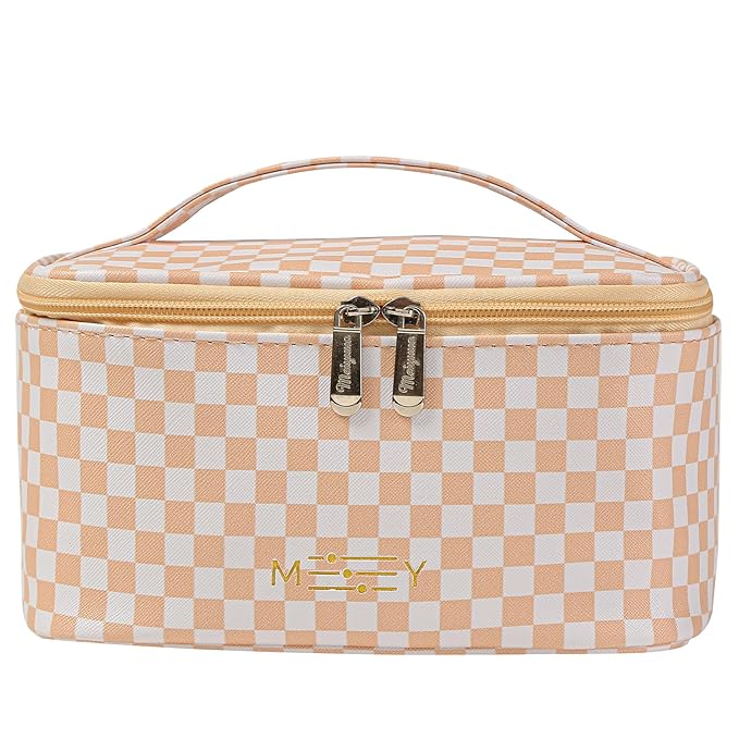KITENROM Preppy Makeup Bag Travel Cosmetic Bags for Women Girls Multi-color Checkered Plaid Small Pouch Toiletry Bag Organizer Case Waterproof Case (Pink Checkerboard)