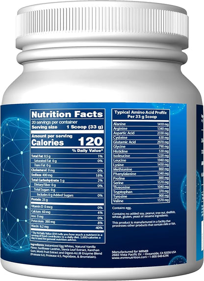 MRM Nutrition Egg White Protein | Vanilla Flavored | 23g Fat-Free Protein | with Digestive enzymes | Highest Biological Value | Clinically Tested | 20 Servings