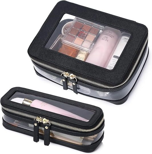 Travel Clear Makeup Bag with Brush Case TSA Approved Toiletry Bag Waterproof Cosmetic Organizer Car Essential for Women (Black, M+SLIM)