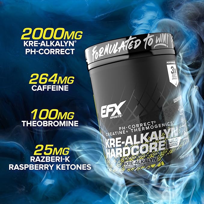 EFX Sports Kre-Alkalyn Hardcore | Thermogenic pH Correct Creatine Monohydrate Pill Supplement | Energy & Strength Pre Workout | 126 Servings, 380 Capsules