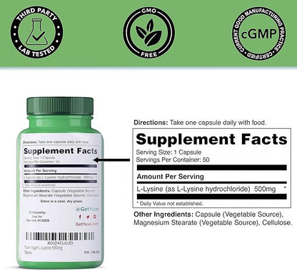 Yuve L-Lysine 500 mg Essential Amino Acid - Immune, Cold Sores & Collagen Synthesis Support - Maintain Healthy Arginine Levels & Optimal Calcium Absorption - Vegan, Gelatin-Free, Non-GMO - 50 Capsules