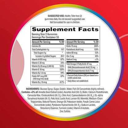Centrum MultiGummies Multi+ Omega 3 Dual Action, Adult Multivitamin, Multivitamin/Multimineral/Omega 3 Supplement, Strawberry/Lemon/Orange Flavors - 110 Count (Pack of 5)