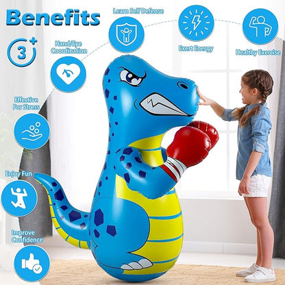 Kids Punching Bag 3-8 with Air Pump, Toddler Punching Bags for Kids, Inflatable Dinosaur Toy with Bounce- Back Action, Safe Gifts for Boys & Girls Age 3-5 Add Tossing Game