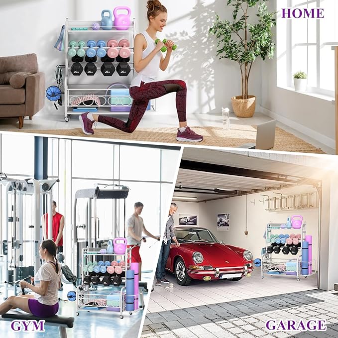 Dumbbell Rack, VOPEAK Weight Rack for Home Gym, Home Gym Storage Rack for Yoga Mat Kettlebells and Strength Training Equipment, Weight Storage Rack for Dumbbells with Wheels