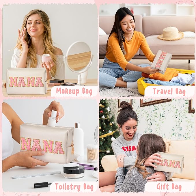 CY2SIDE NANA Letter Makeup Bag - Pink Nana Chenille Letter Patch Cosmetic Bag for Grandma Women Shell Gold PU Leather Patch Pouch Waterproof Portable Zipper Travel Organizer Gift for Mother's Day