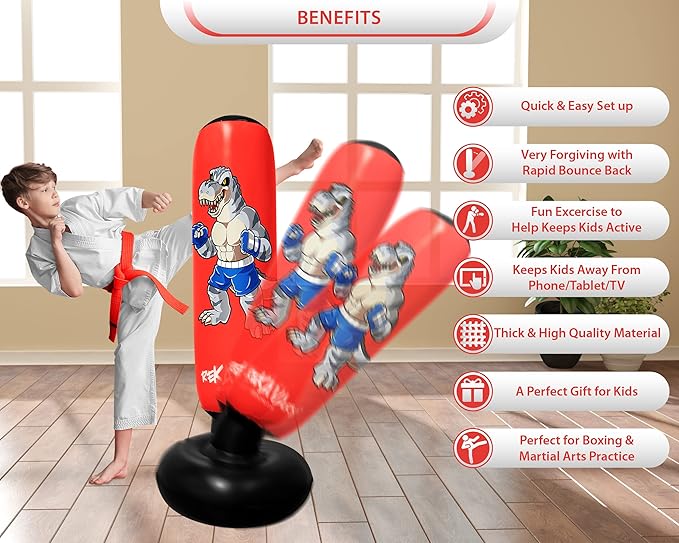Punching Bag for Kids - 5' 3" Tall and Stable - Ninja Kids Inflatable Punching Bag Combo Kit with Kids Boxing Gloves, a Pump and Repair Kit. Boxing Bag for Immediate Bounce Back