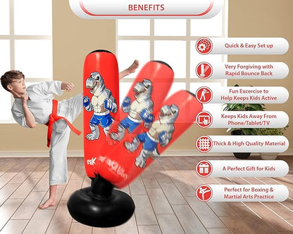 Punching Bag for Kids - 5' 3" Tall and Stable - Ninja Kids Inflatable Punching Bag Combo Kit with Kids Boxing Gloves, a Pump and Repair Kit. Boxing Bag for Immediate Bounce Back