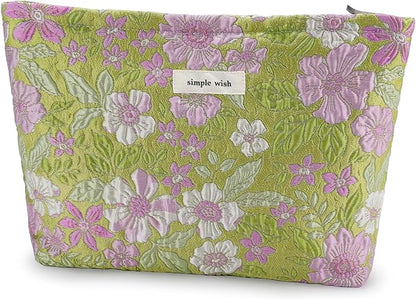 Flower Makeup Bag Travel Large Cosmetic Bag for Women Cute Purple Floral Makeup Pouch Zipper Cosmetic Pouch for Purse Aesthetic Green Skincare Organizer Bag Portable Toiletry Bag