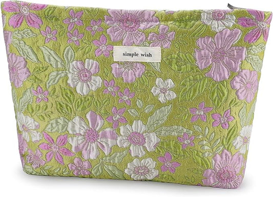 Flower Makeup Bag Travel Large Cosmetic Bag for Women Cute Purple Floral Makeup Pouch Zipper Cosmetic Pouch for Purse Aesthetic Green Skincare Organizer Bag Portable Toiletry Bag