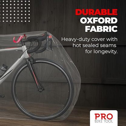 PRO BIKE TOOL Bicycle Cover Transparent PVC 0.15mm Thick, Reflective Safety Loops, Chain Hole Rings, Wheel Fit Rope, Adjustable Buckle Strap, Storage Bag, Large Size