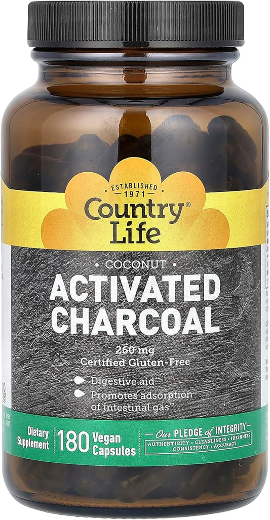 Country Life Natural Activated Coconut Charcoal, 260 mg, 180 Capsules