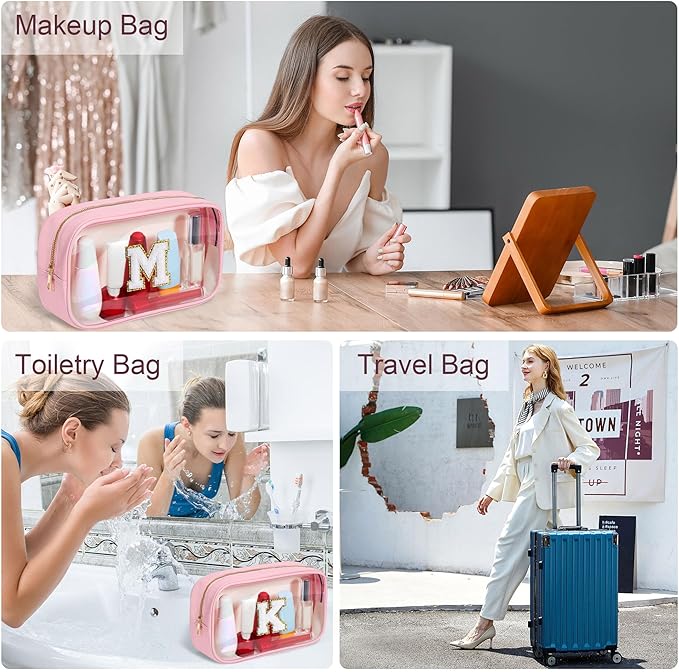 YOOLIFE Travel Clear Makeup Bag Toiletry Bag, Make up Bag Waterproof Toiletry Bags for Women Cosmetic Bag Preppy Stuff Birthday Gifts for Women Personalized Pink Mother Girlfriend Wife Gifts Letter O