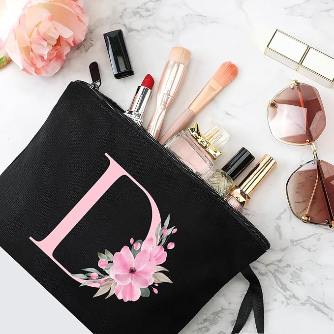 Vavabox A-Z Personalized Makeup Bag, Birthday Gifts for Women Mom, Gifts for Best Friend, Bride Bridesmaid Cosmetic bag (D, Black)