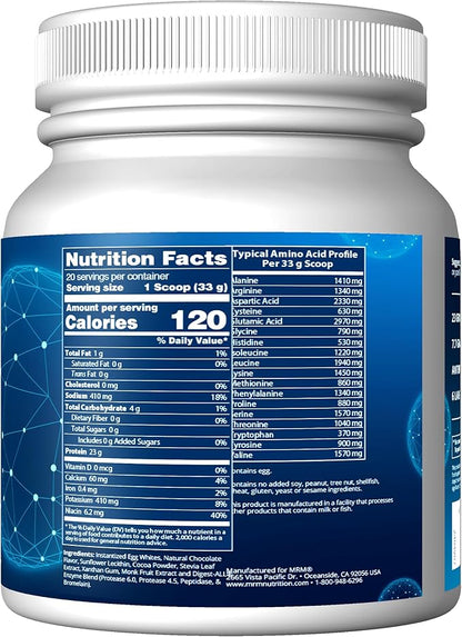 MRM Nutrition Egg White Protein | Chocolate Flavored | 23g Fat-Free Protein | with Digestive enzymes | Highest Biological Value | Clinically Tested | 20 Servings