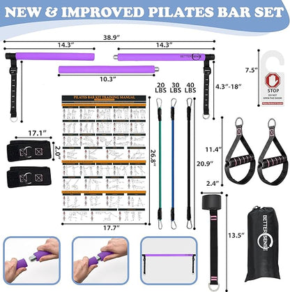 Upgraded Pilates Bar Kit – 39” Adjustable Exercise 6X 20, 20, 30, 30, 40 40 lbs