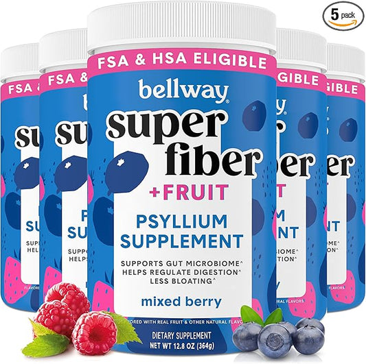 Bellway Super Fiber Powder + Fruit (5 Pack), Sugar Free Organic Psyllium Husk Powder Fiber Supplement for Regularity, Bloating Relief & Gut Health, Non-GMO, Plant-Based, Mixed Berry (250 Servings)