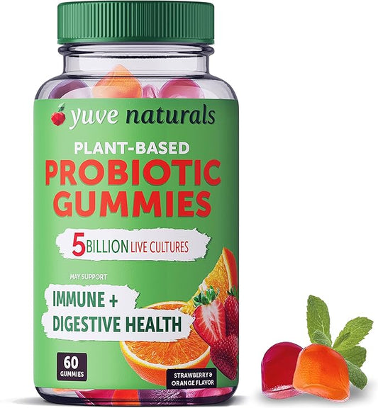 Yuve Vegan Probiotic Gummies, Probiotics for Women & Men, Sugar & Gluten-Free Gummy Probiotics, Digestive & Immune Support, 5 Billion CFU, Helps with Constipation, Bloating & Leaky Gut, Non-GMO - 60ct