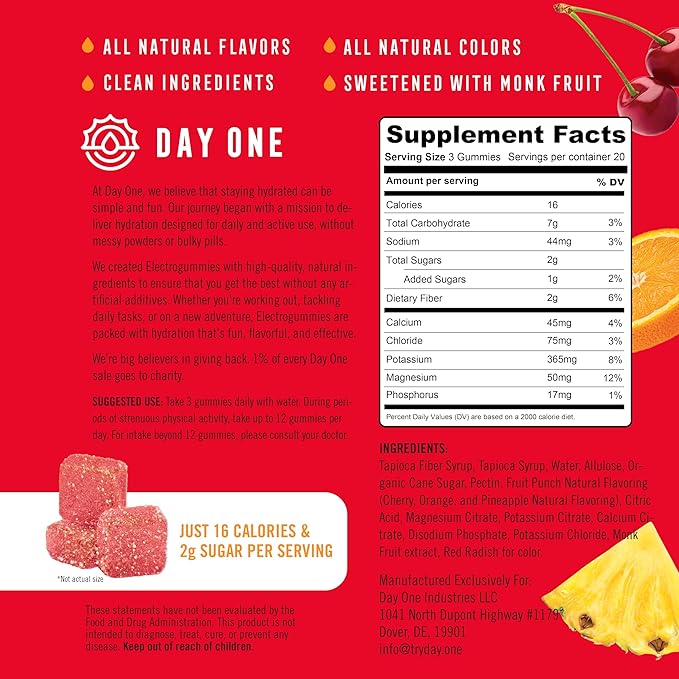 Day One Electrogummies Fruit Punch - Electrolyte Gummies for Runner, Athlete & Everyday Use - Hydration Gummies with Essential Electrolytes - Alternative to Powders, Tablets, Chews - 60 Gummies