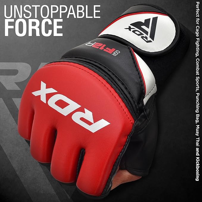 RDX MMA Gloves Grappling Sparring, Maya Hide Leather, Boxing Gloves Men Women Muay Thai Martial Arts Training, Half Finger Adjustable Mitts Wrist Support Kickboxing Cage Fighting Punching Bag Workout