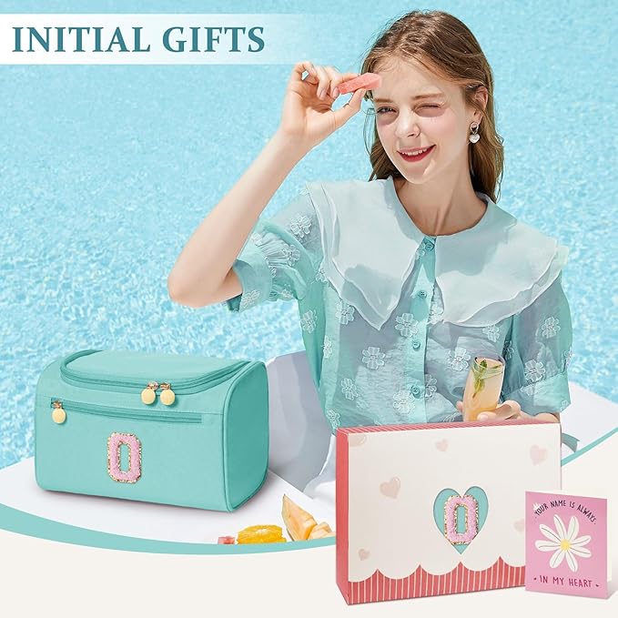 COSHAYSOO Summer Birthday Gifts for Women Her Beach Vacation Gift Ideas Personalized Travel Size Toiletries Organizer, Large Hanging Toiletry Bag Skincare Case Waterproof Traveling Teal Blue Letter O