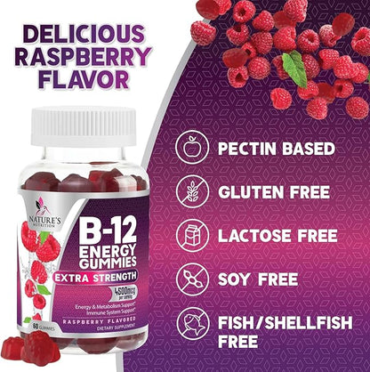 Vitamin B12 Energy Gummies - Extra Strength 4500mcg Chewable for Energy & Nervous System Health Support, B-12 Complex Gummy Vitamin for Women, Men, Kids - Non-GMO, Vegan, Berry Flavor - 60 Gummies