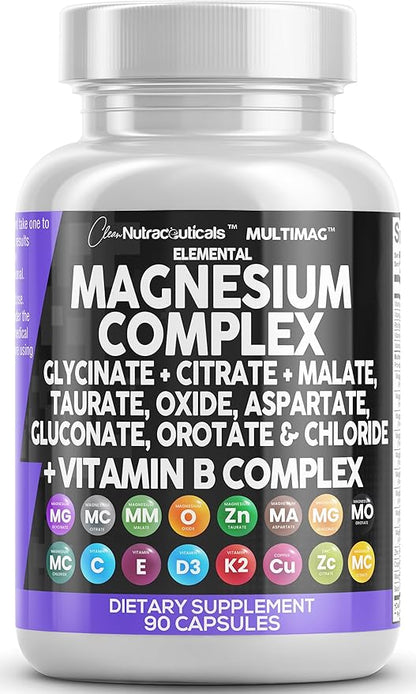 Clean Nutraceuticals Magnesium Complex 2285mg with Magnesium Glycinate Citrate Malate Oxide Taurate Aspartate Orotate & Mag Chloride, Zinc Copper Manganese & Vitamin C B1 B2 B6 B12 Complex - 1Pack