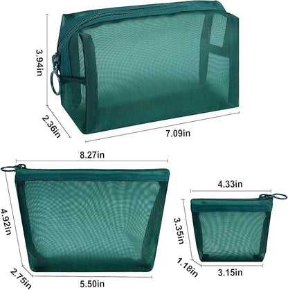 Aosbos 3-Pack Mesh Cosmetic Bag Set - Travel/On-The-Go Makeup Storage, Zipper Closure Small Pouch