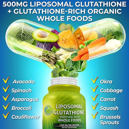 Liposomal Glutathione 500mg - Active Form L Glutathione (Reduced) for Maximum Absorption - Made with Organic Whole Foods - Master Antioxidant & Detoxifier - Immune & Cardiovascular Support - 120 count