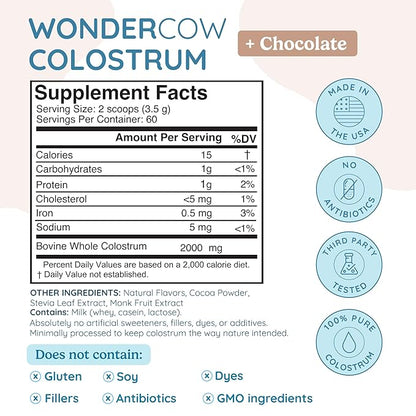 WONDERCOW Colostrum Supplement Powder for Gut Health, Immune Support, Muscle Recovery & Wellness | Natural IgG Pure Whole Bovine Colostrum Superfood, Chocolate, 60 Servings