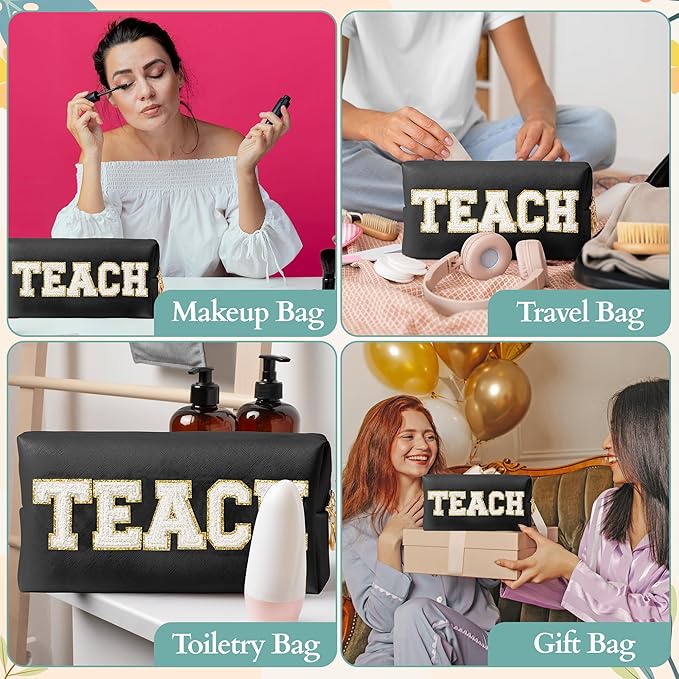 CY2SIDE TEACH Letter Makeup Bag - White TEACH Chenille Letter Patch Cosmetic Bag Black PU Leather Patch Travel Pouch Waterproof Portable Zipper Travel Organizer Case for Teacher Appreciation Gifts
