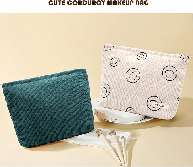 Corduroy Makeup Bag Cosmestic Bag 2pcs Large Capacity Ladies Women Aesthetic Make Up Organizer Accessories Zipper Pouch Purse （Beige+Green）