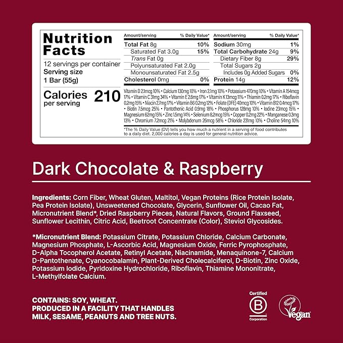 Huel Complete Nutrition Vegan Protein Bars | Dark Chocolate Raspberry | 13g Protein, 27 Vitamins and Minerals, 2g Sugar, Non-GMO, 100% Plant Based Snack | 12 Pack