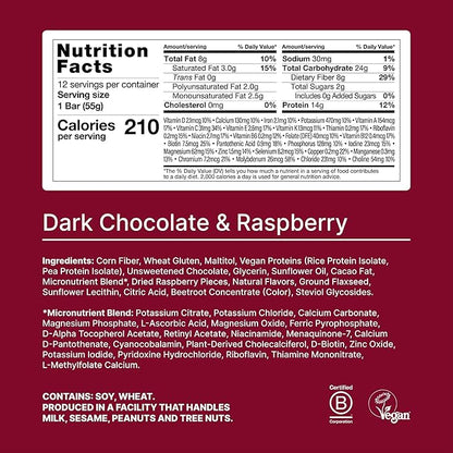 Huel Complete Nutrition Vegan Protein Bars | Dark Chocolate Raspberry | 13g Protein, 27 Vitamins and Minerals, 2g Sugar, Non-GMO, 100% Plant Based Snack | 12 Pack