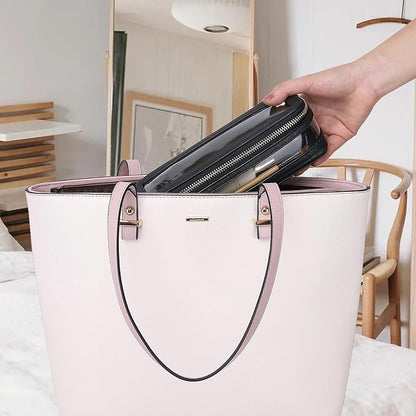 Travel Clear Makeup Bag with Brush Case TSA Approved Toiletry Bag Waterproof Cosmetic Organizer Car Essential for Women (Black, M+SLIM)