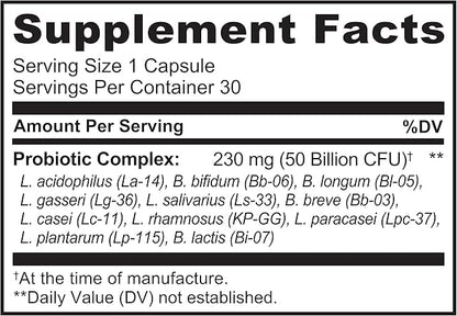 NATURELO Probiotics for Digestive Health - 50 Billion CFU, 11 Strains Daily Supplement - Boosts Immune System, Delayed Release, 30 Vegetarian Capsules