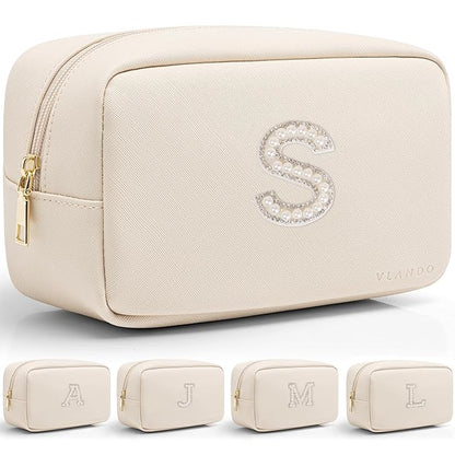 Vlando Bride Gifts White Pearl Patch Letter Makeup Bag for Women Bridal Shower Gifts for Engagement Wedding Travel Makeup Storage Organizer Gifts for Women Girls S