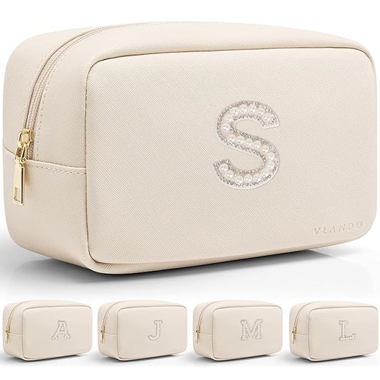 Vlando Bride Gifts White Pearl Patch Letter Makeup Bag for Women Bridal Shower Gifts for Engagement Wedding Travel Makeup Storage Organizer Gifts for Women Girls S